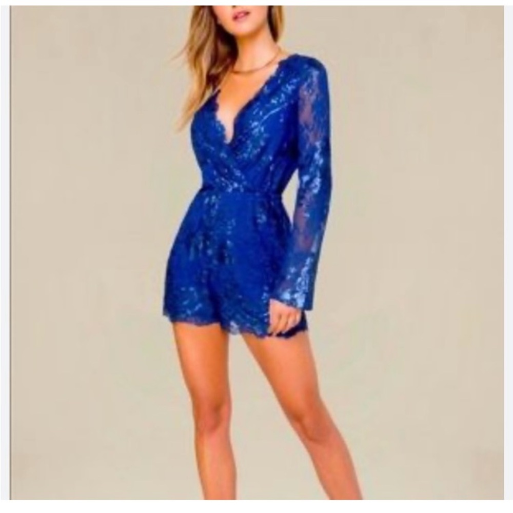 Be Be NWT Sequined Romper Scalloped Lace Embellished Royal blue